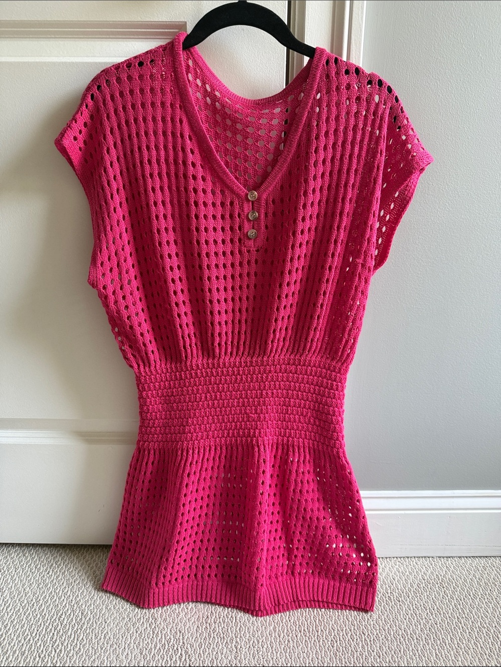 Women’s Hot Pink Crochet Knit Top with V-Neck